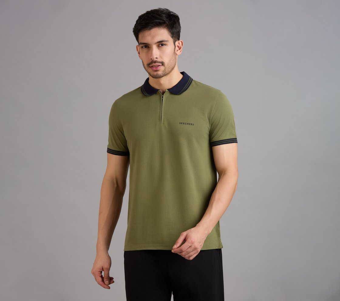 CONTRAST ZIPPER POLO, NATURAL/OLIVE