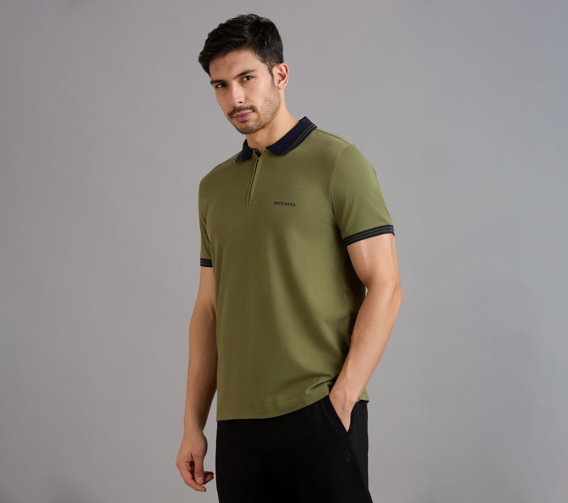 CONTRAST ZIPPER POLO, NATURAL/OLIVE Apparel Top View