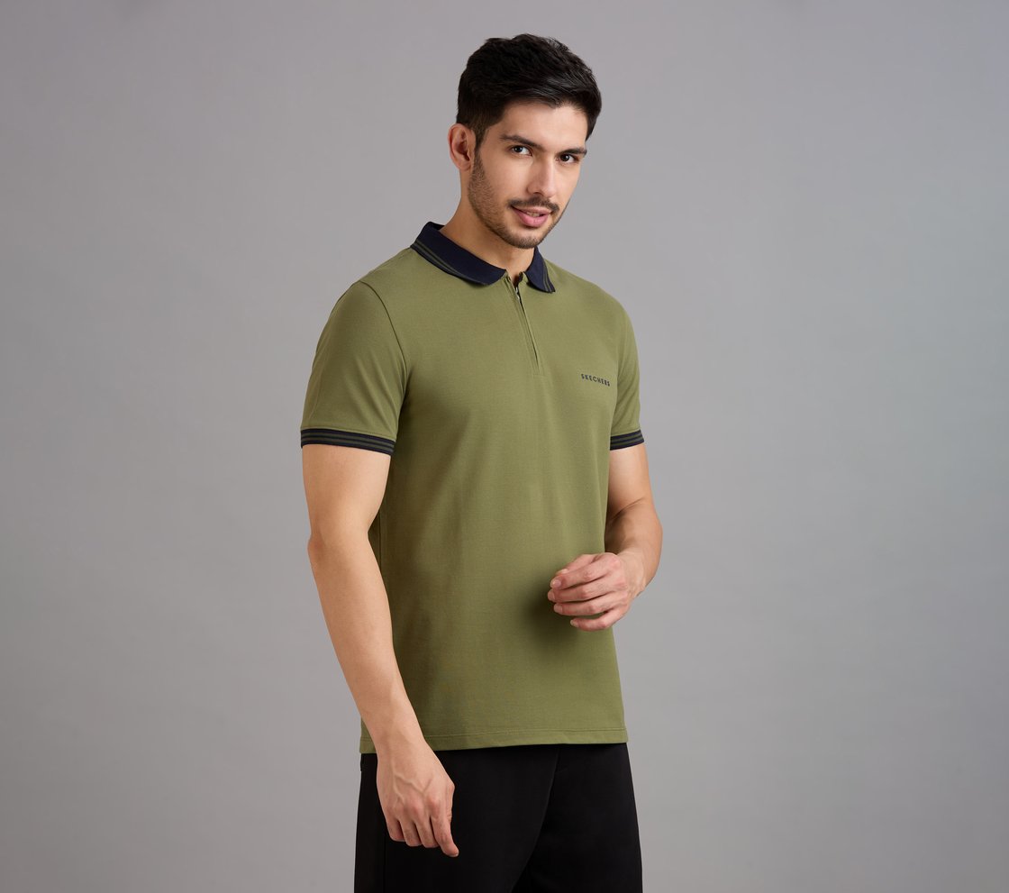 CONTRAST ZIPPER POLO, NATURAL/OLIVE