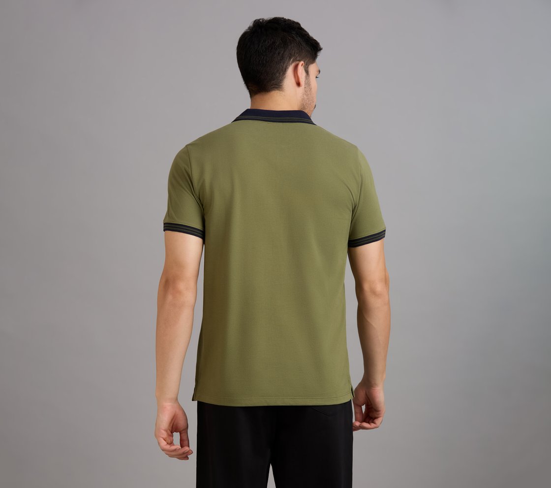 CONTRAST ZIPPER POLO, NATURAL/OLIVE