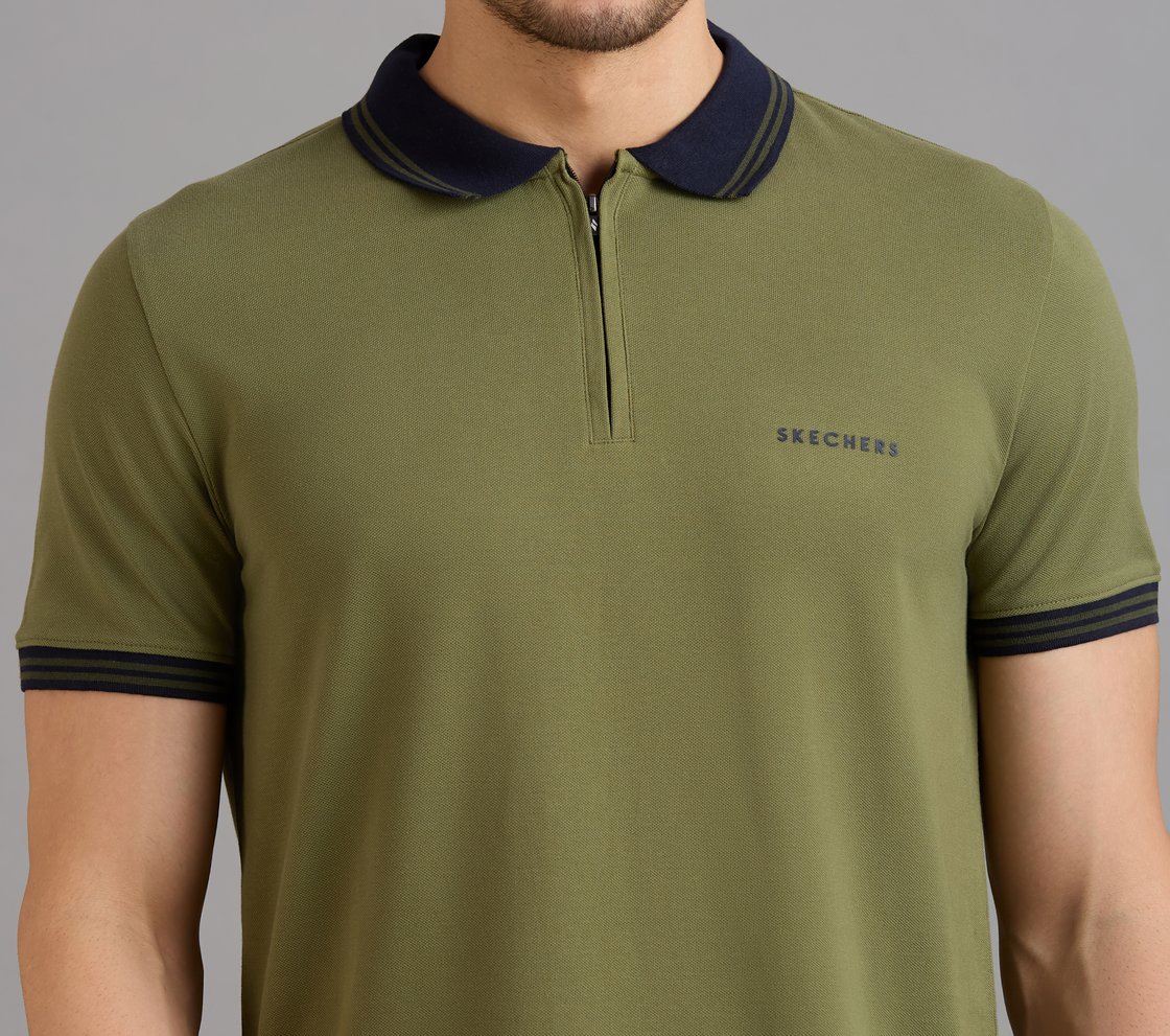 CONTRAST ZIPPER POLO, NATURAL/OLIVE