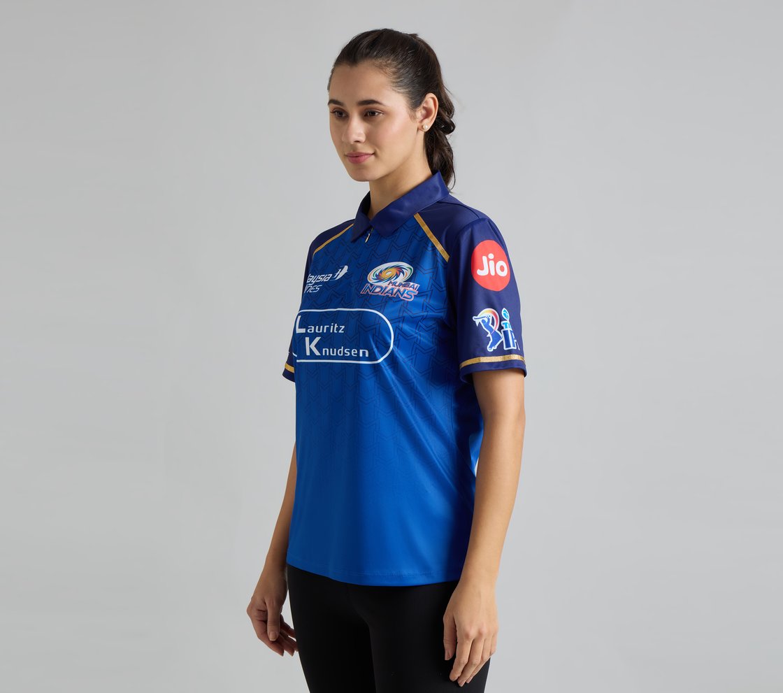 MUMBAI INDIANS IPL WOMEN'S FAN JERSEY 2026, ROYAL/NAVY/LIME Apparel Top View