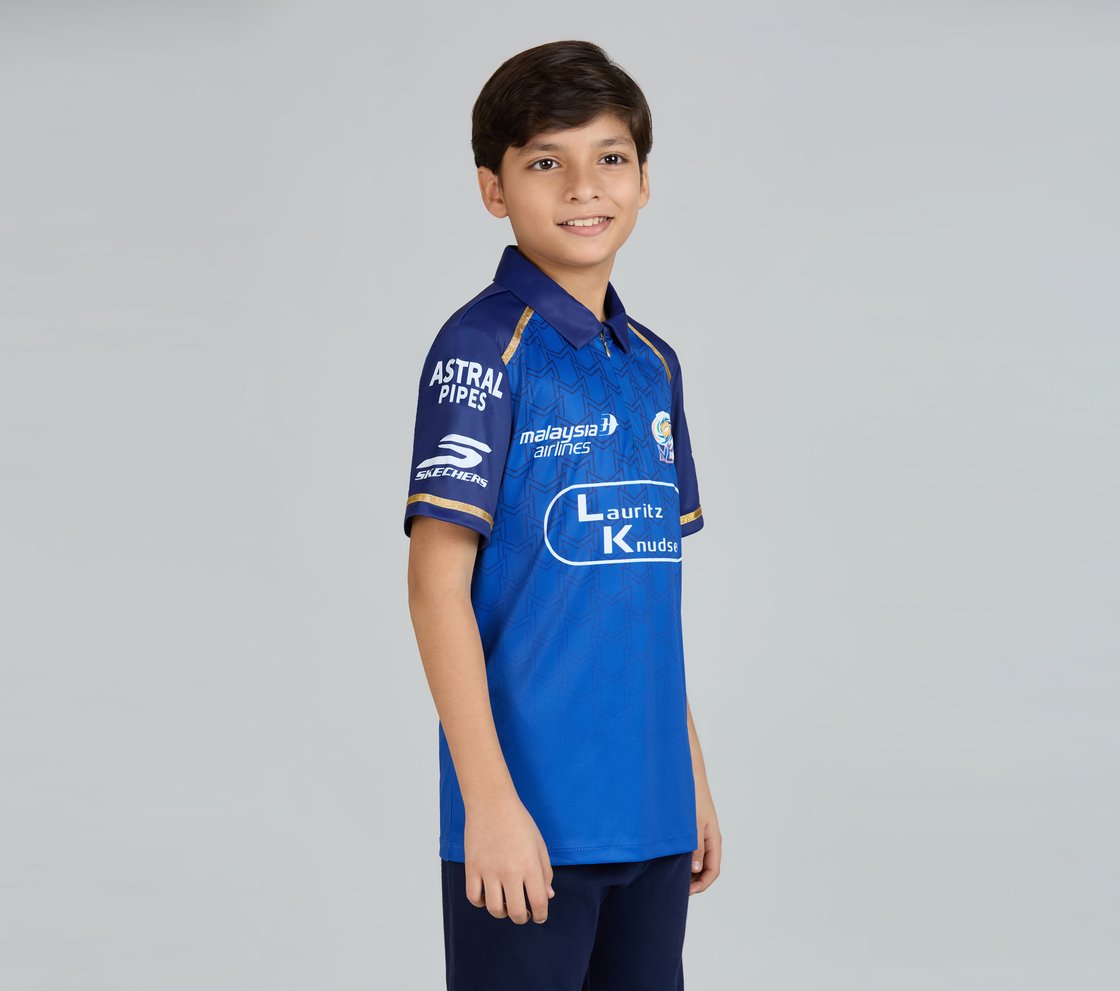 MUMBAI INDIANS IPL KID'S FAN JERSEY 2026, ROYAL/NAVY/LIME Apparel Top View