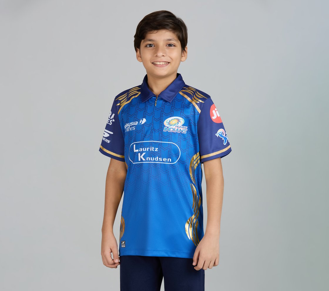 MUMBAI INDIANS IPL KID'S REPLICA JERSEY 2026, ROYAL/NAVY/LIME Apparel Lateral View