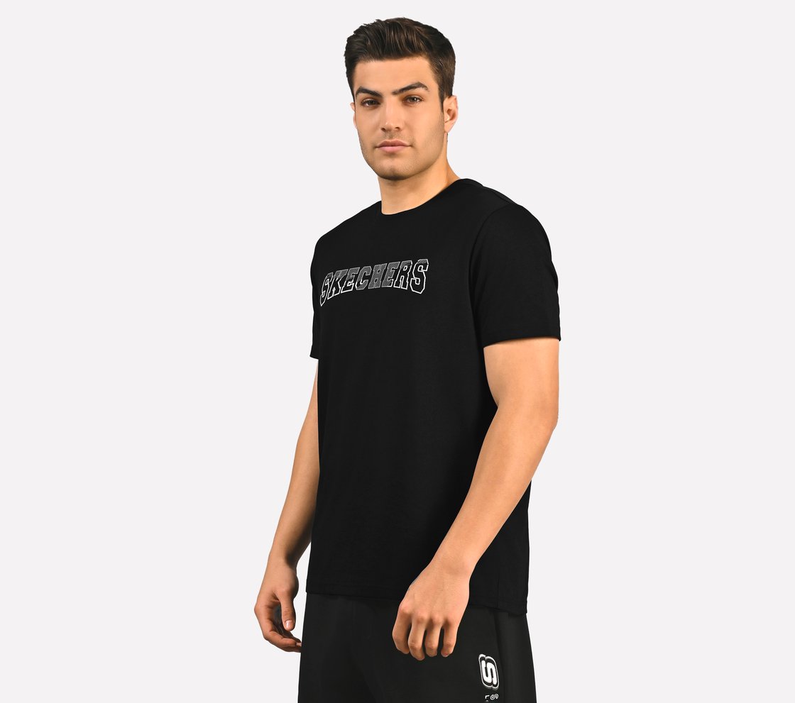 DUAL PRINT VARSITY GRAPHIC T-SHIRT, BLACK Apparel Top View