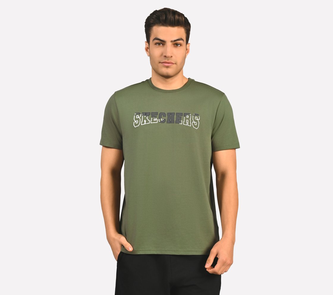 DUAL PRINT VARSITY GRAPHIC T-SHIRT, NATURAL/OLIVE Apparel Lateral View