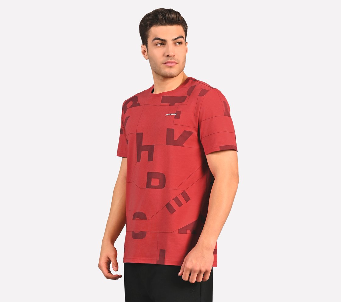 SKECHERS WORD ART AOP T-SHIRT, GRAY/RED Apparel Top View