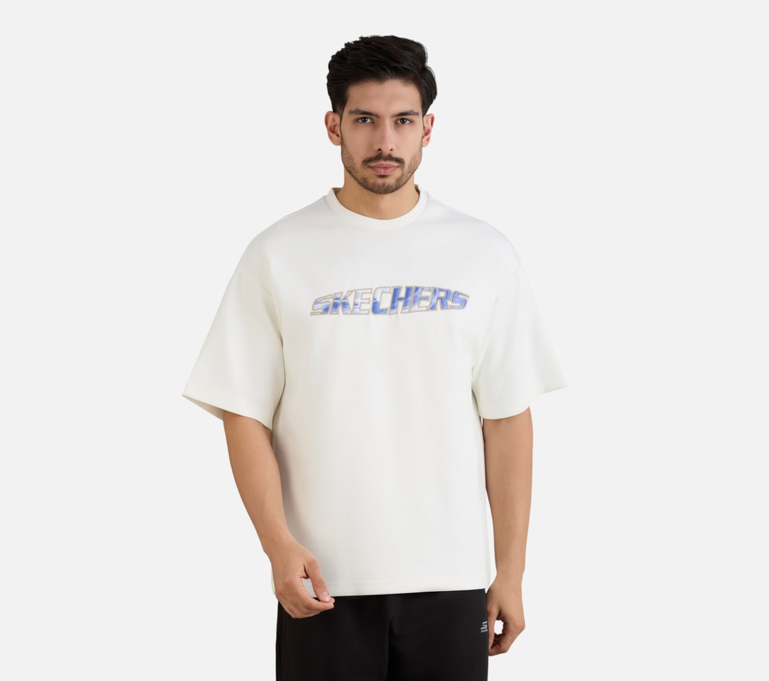 MENS TECHNO PRINT T-SHIRT, WHITE Apparel Lateral View
