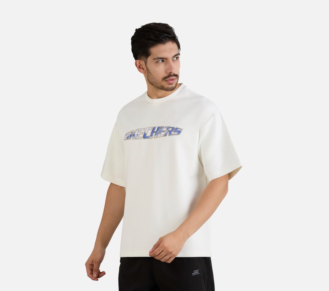 MENS TECHNO PRINT T-SHIRT, WHITE Apparel Top View