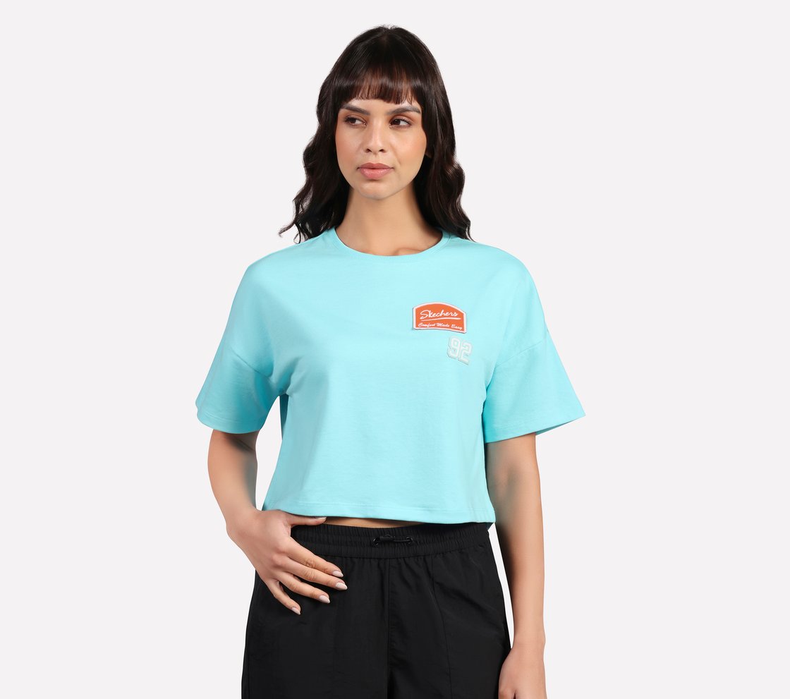 DROP SHOULDER BADGE T-SHIRT, SILVER/PURPLE/TURQUOISE Apparel Lateral View