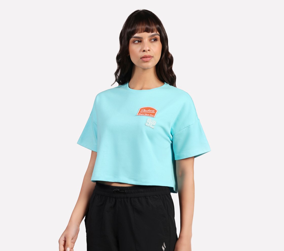 DROP SHOULDER BADGE T-SHIRT, SILVER/PURPLE/TURQUOISE Apparel Top View