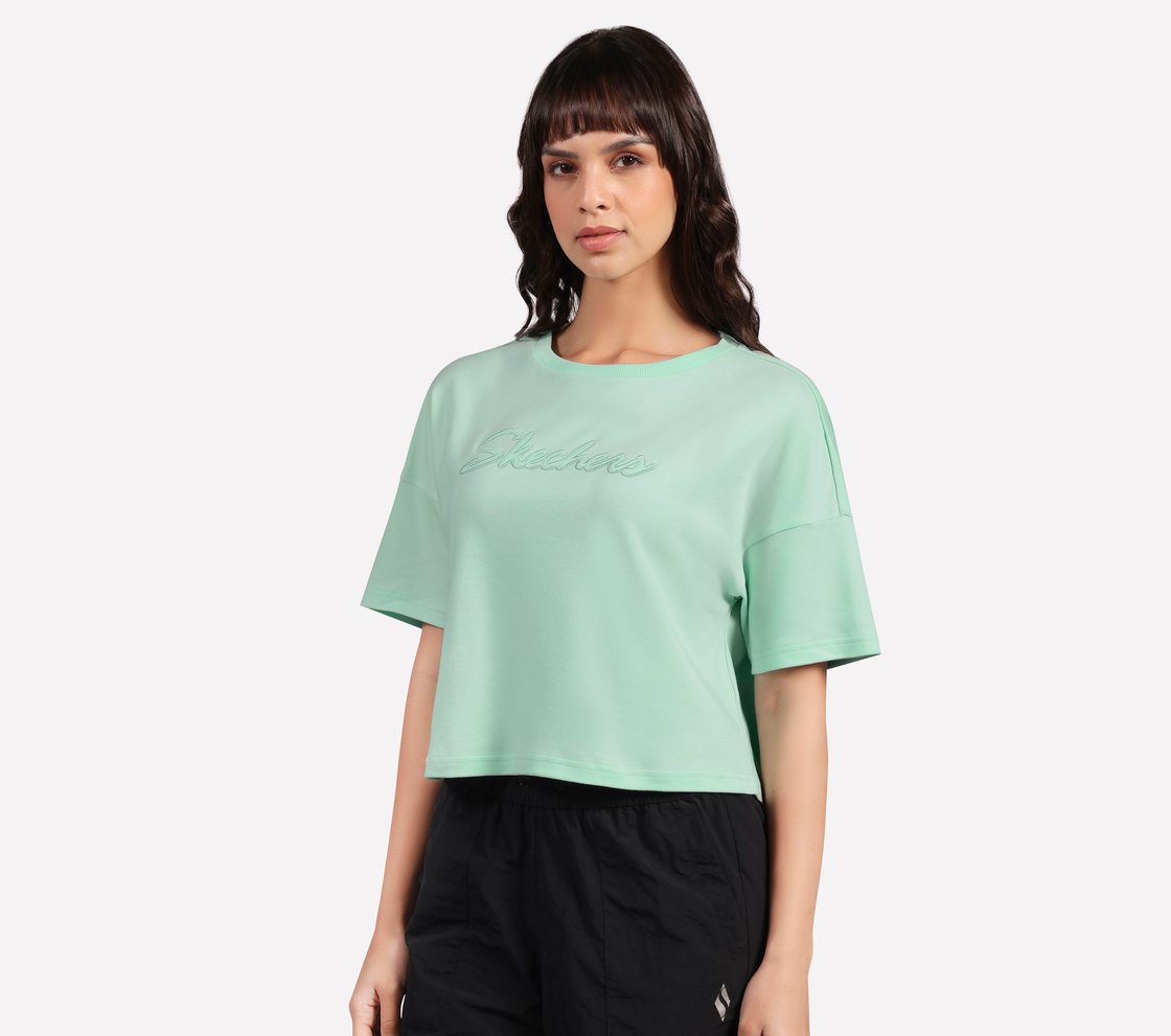 EMBROIDERED BOXY FIT T-SHIRT, AQUA/PURPLE