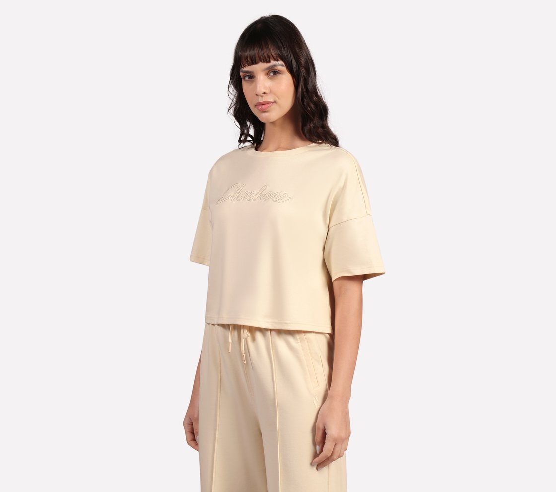 EMBROIDERED BOXY FIT T-SHIRT, NATURAL/BLUE Apparel Top View