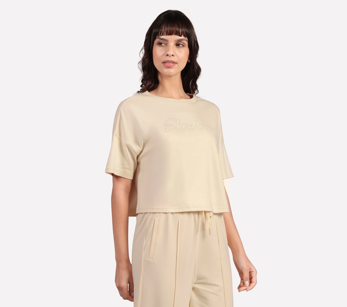 EMBROIDERED BOXY FIT T-SHIRT, NATURAL/BLUE Apparel Bottom View
