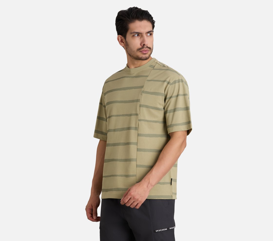 MISMATCH STRIPE PANEL TEE, TAUPE/SILVER Apparel Top View