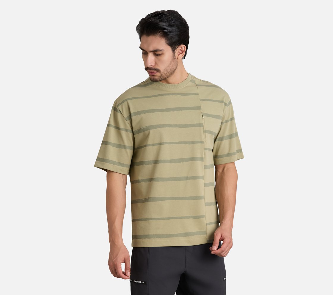 MISMATCH STRIPE PANEL TEE, TAUPE/SILVER Apparel Bottom View