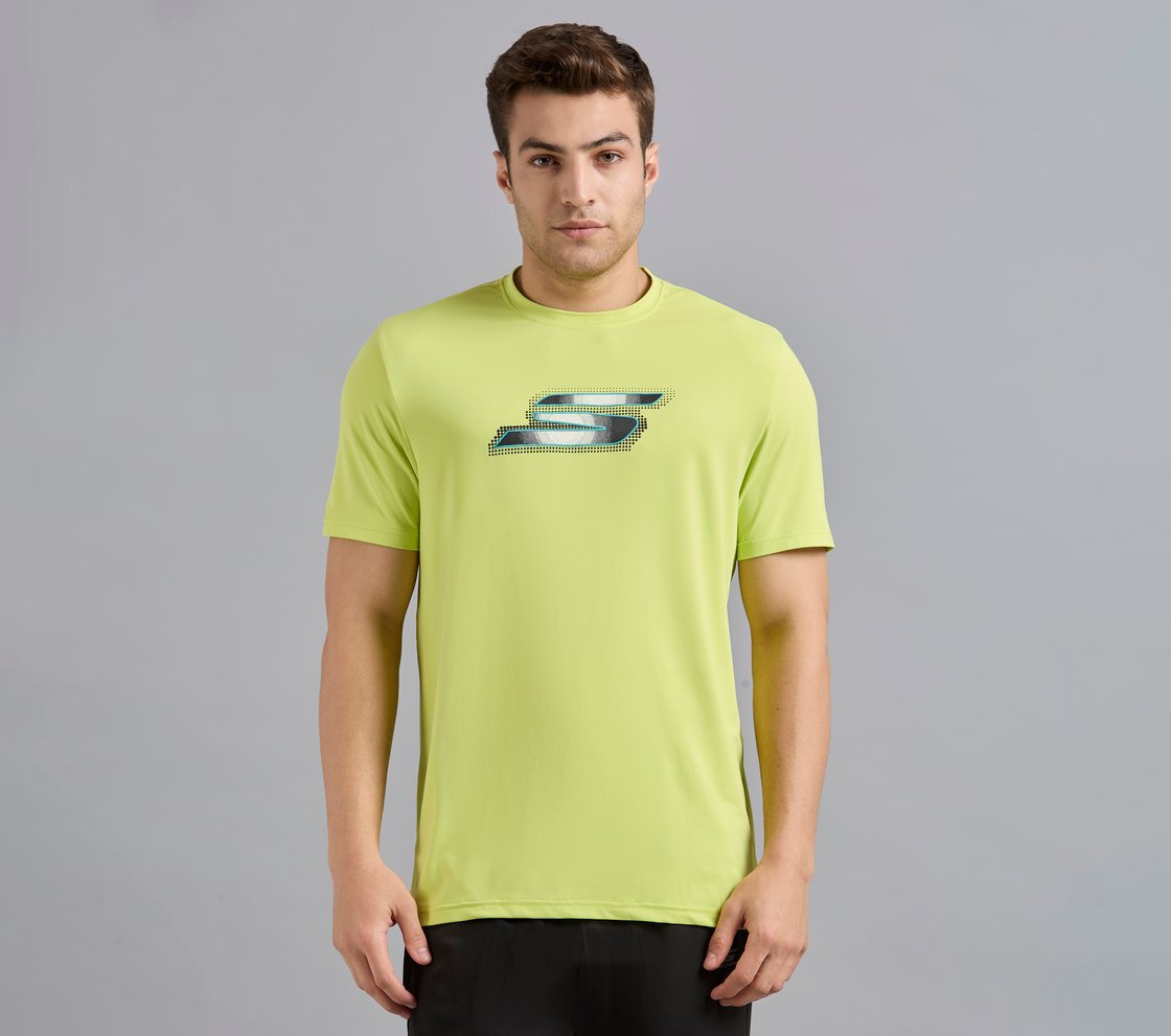 SKECHERS NEWSPRINT LOGO TEE, MINT/YELLOW Apparel Lateral View