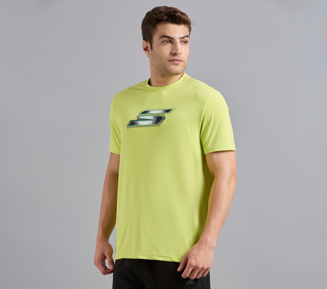 SKECHERS NEWSPRINT LOGO TEE, MINT/YELLOW Apparel Top View