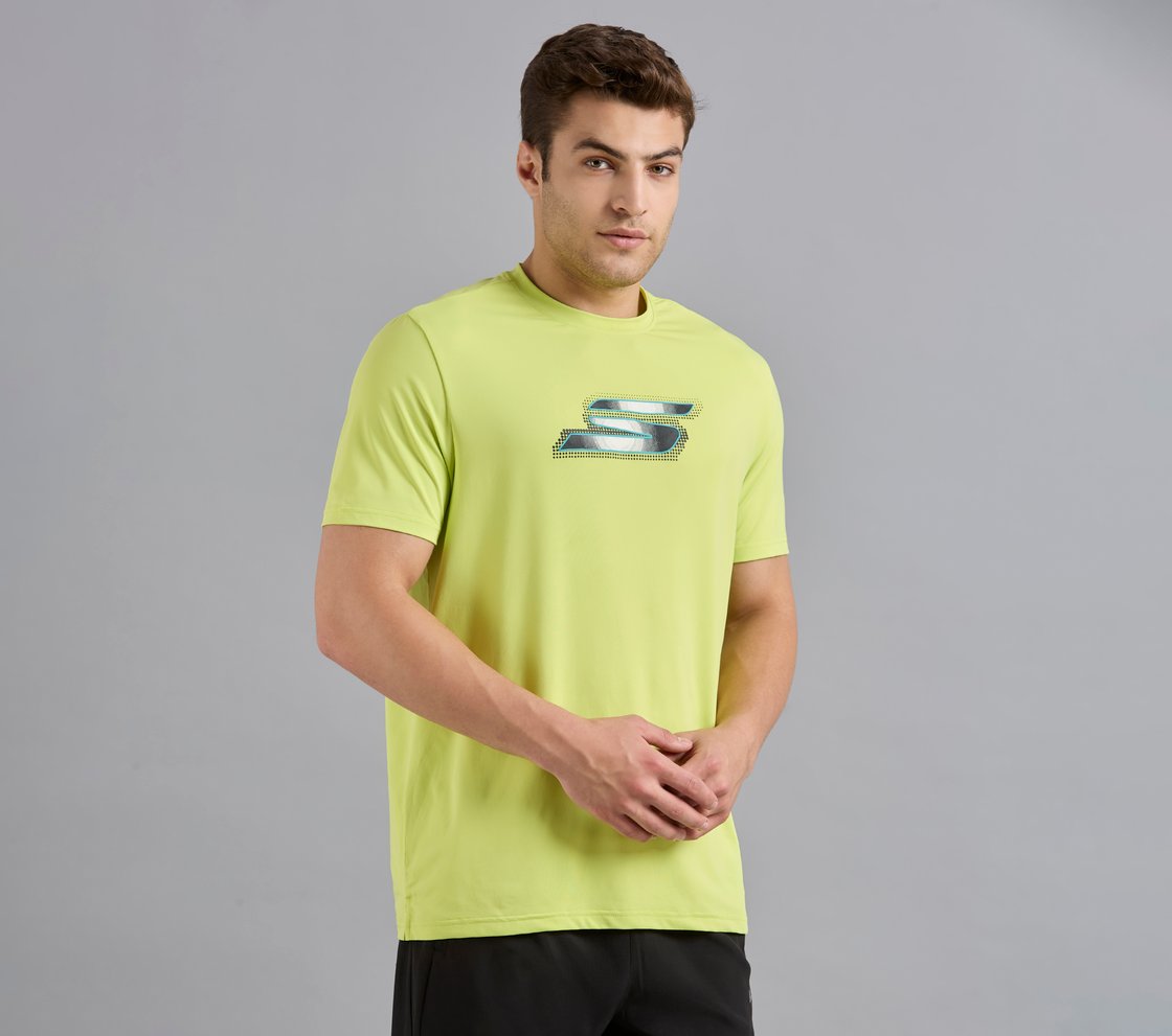 SKECHERS NEWSPRINT LOGO TEE, MINT/YELLOW Apparel Bottom View