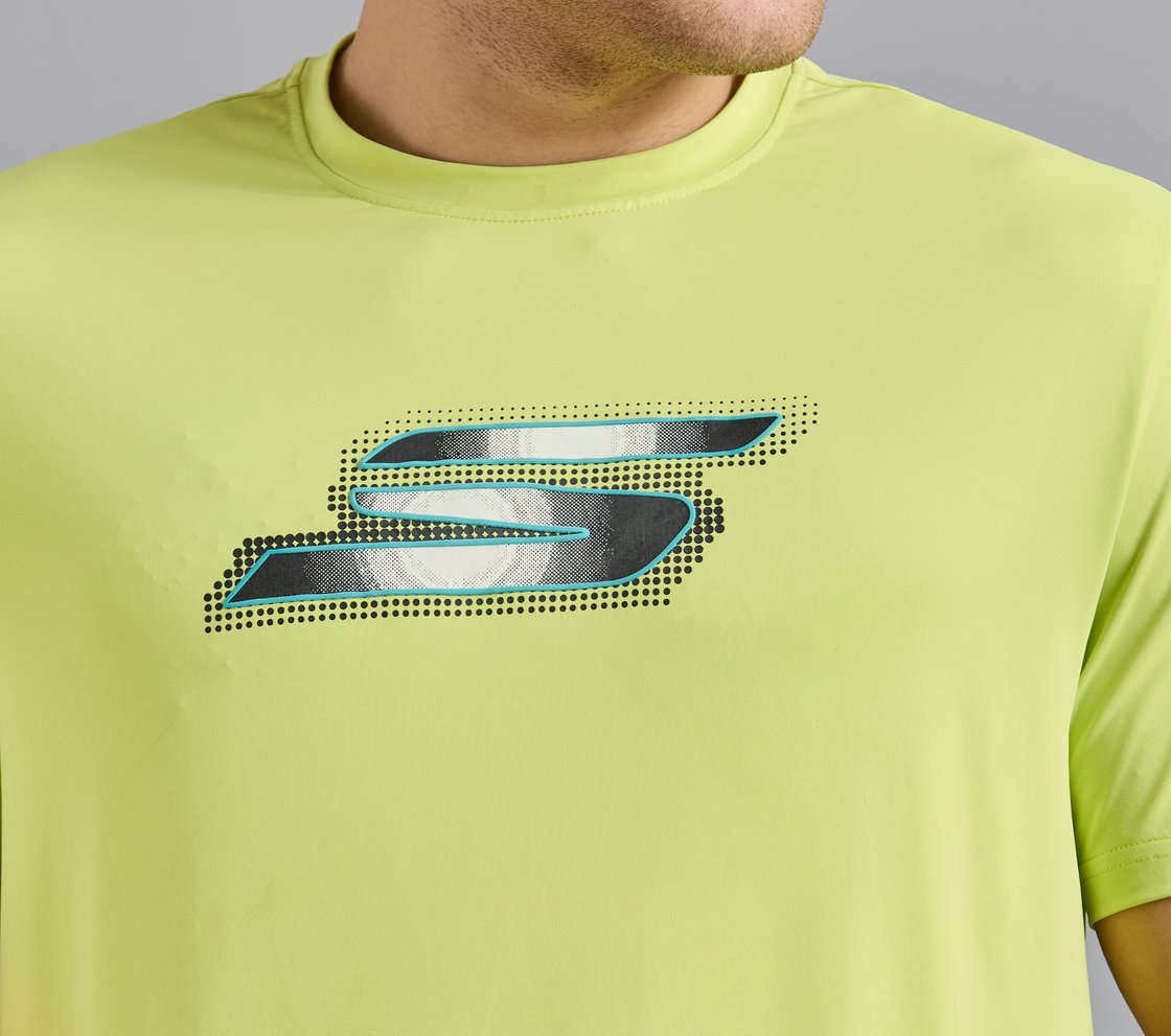 SKECHERS NEWSPRINT LOGO TEE, MINT/YELLOW Apparel Right View