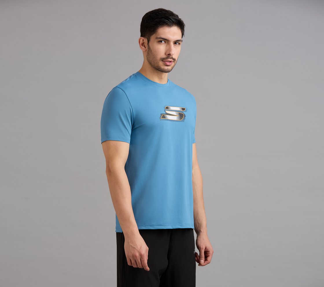 SKECHERS NEWSPRINT LOGO TEE, TAUPE/BLUE Apparel Bottom View