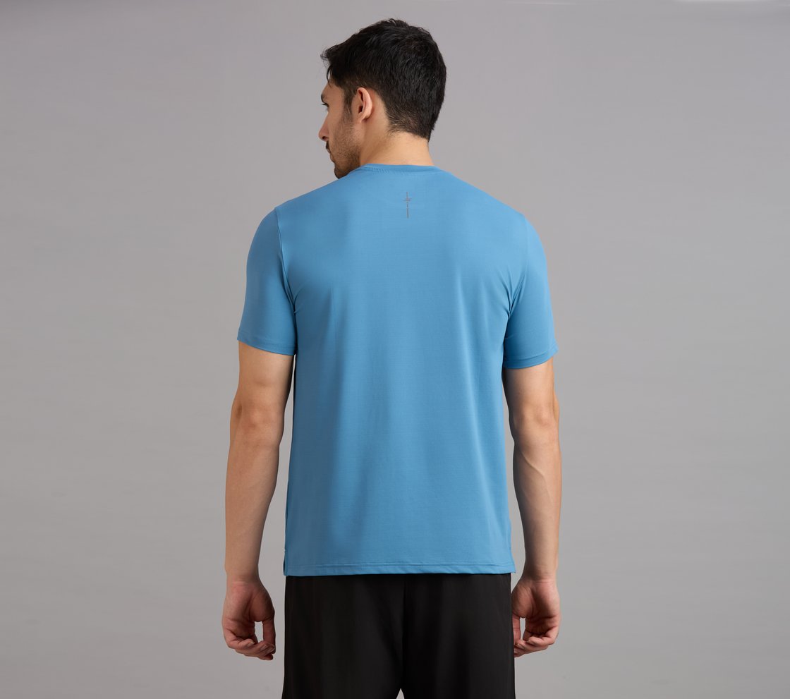 SKECHERS NEWSPRINT LOGO TEE, TAUPE/BLUE Apparel Left View
