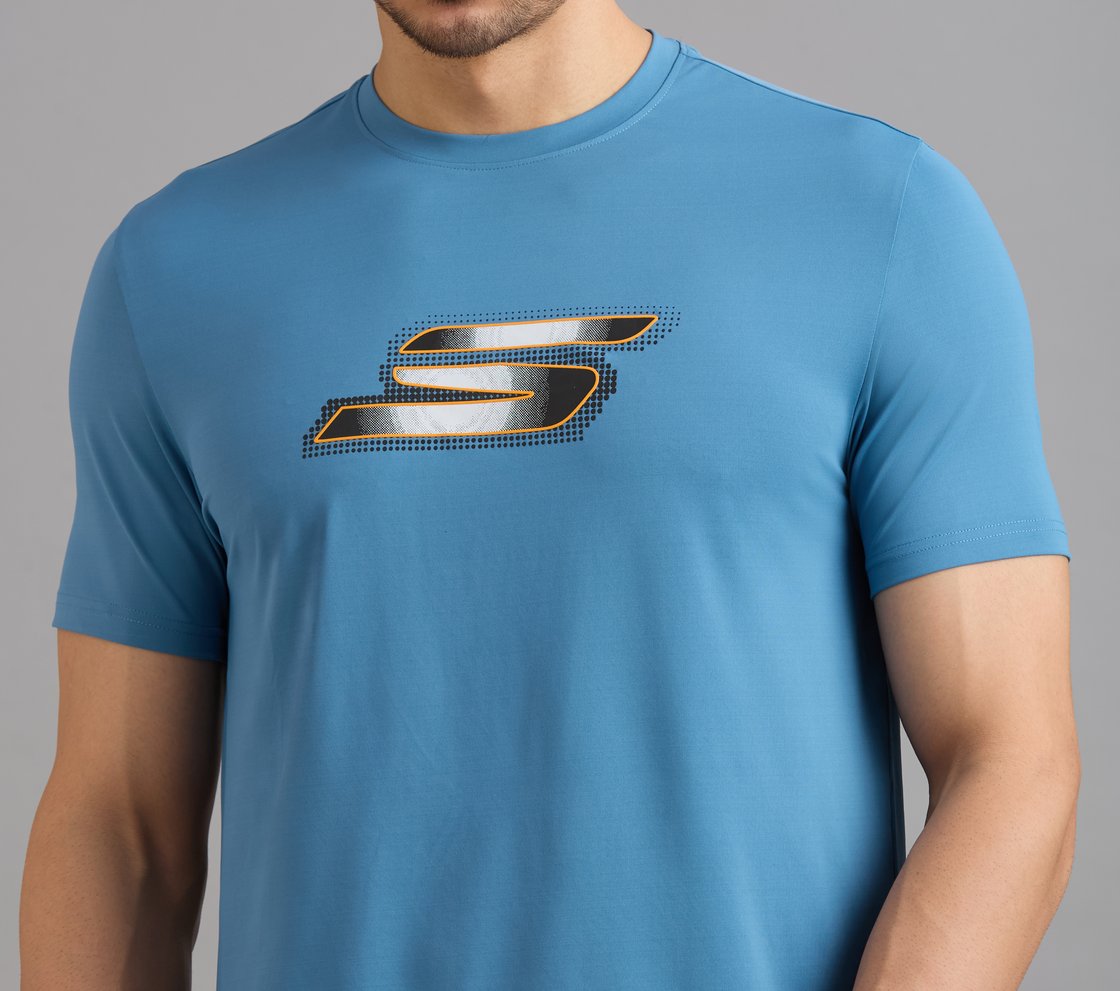 SKECHERS NEWSPRINT LOGO TEE, TAUPE/BLUE Apparel Right View