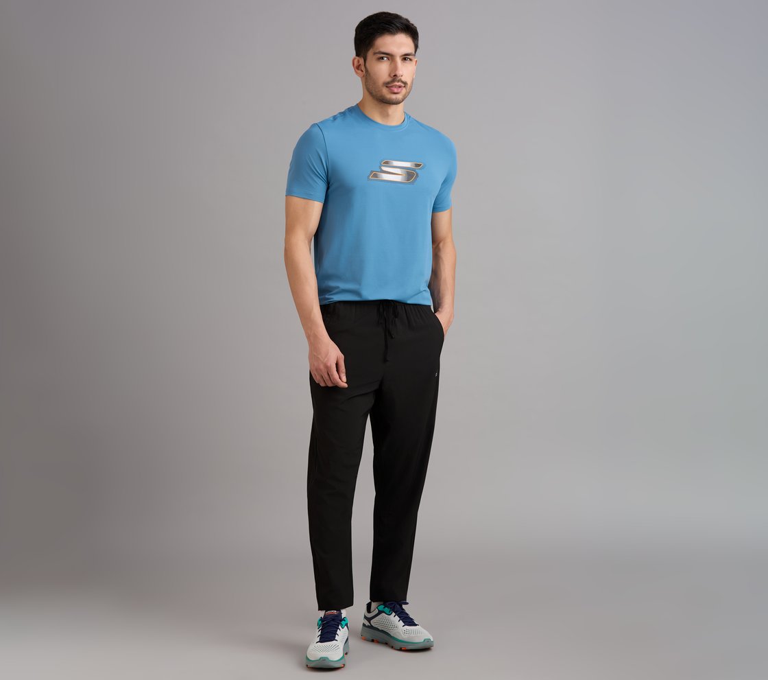 SKECHERS NEWSPRINT LOGO TEE, TAUPE/BLUE Apparel Right View