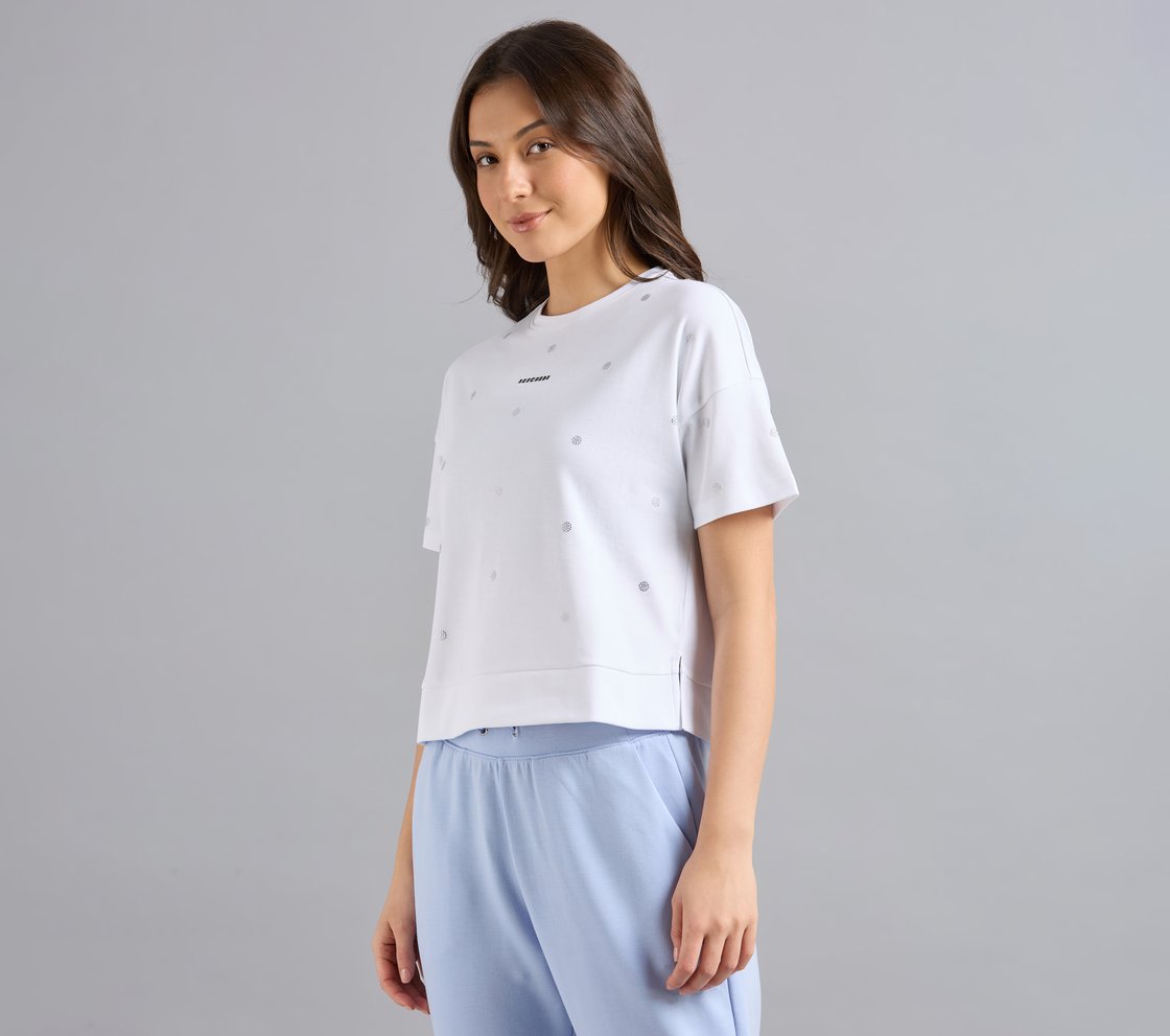 ALL OVER RHINESTONE T-SHIRT, WHITE Apparel Top View