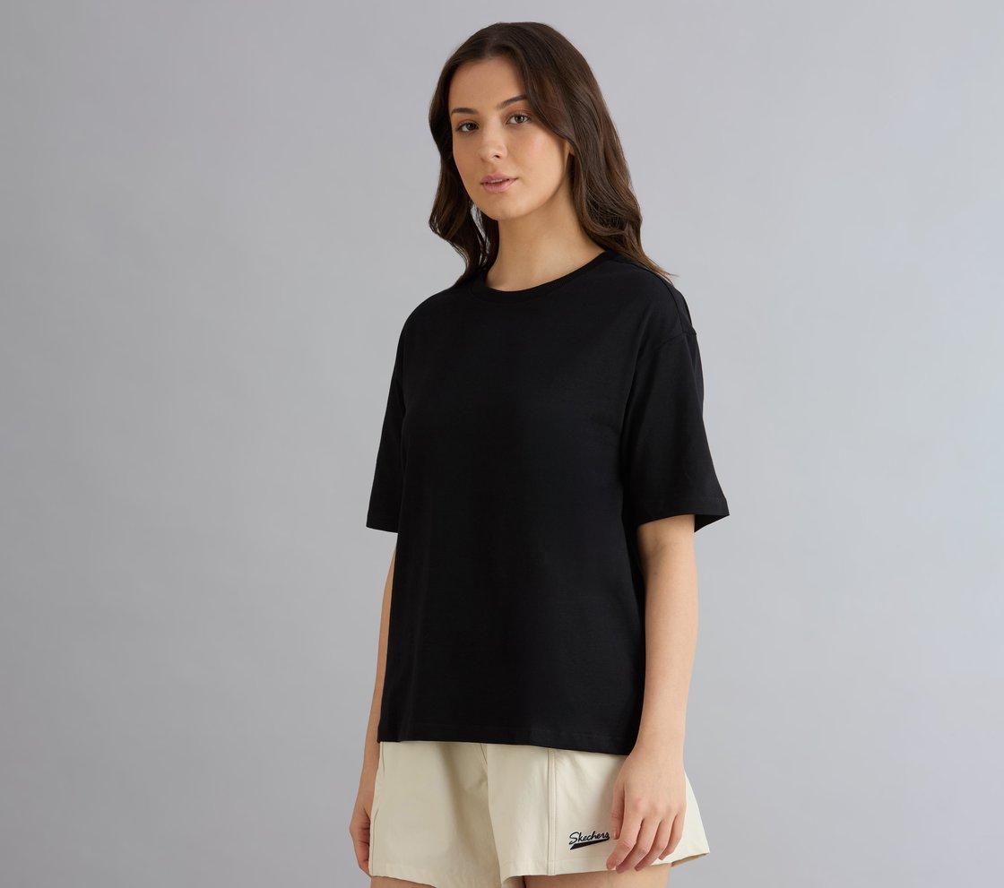 OVERSIZED LONG BACK PRINT TEE, BLACK Apparel Top View