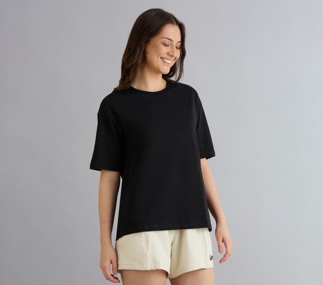 OVERSIZED LONG BACK PRINT TEE, BLACK Apparel Bottom View