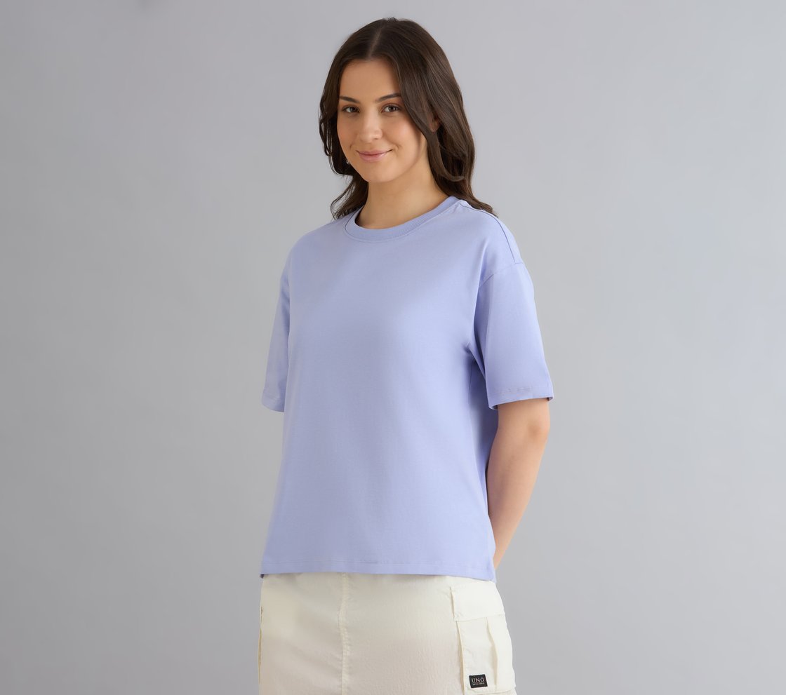 OVERSIZED LONG BACK PRINT TEE, PURPLE/LAVENDER Apparel Lateral View