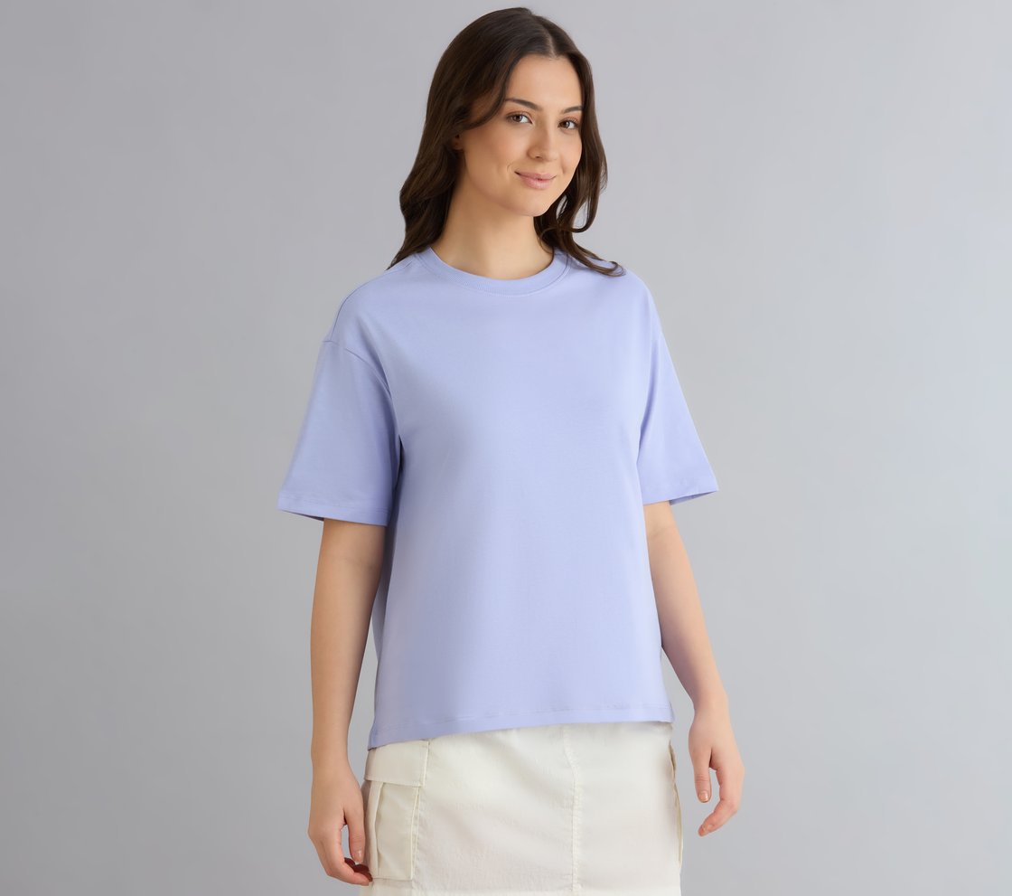 OVERSIZED LONG BACK PRINT TEE, PURPLE/LAVENDER Apparel Top View