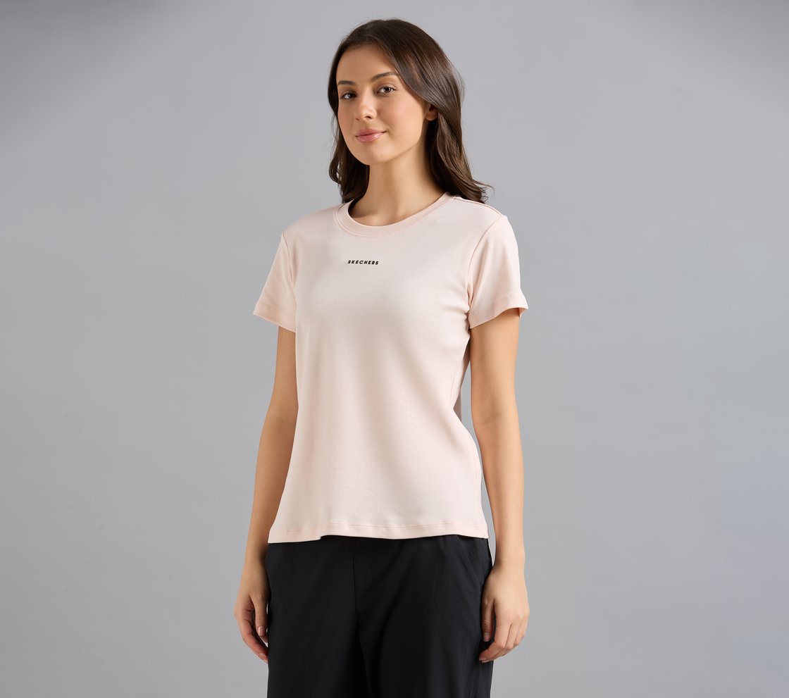 BASIC BRANDED INTERLOCK TEE, NATURAL/BLUE Apparel Top View