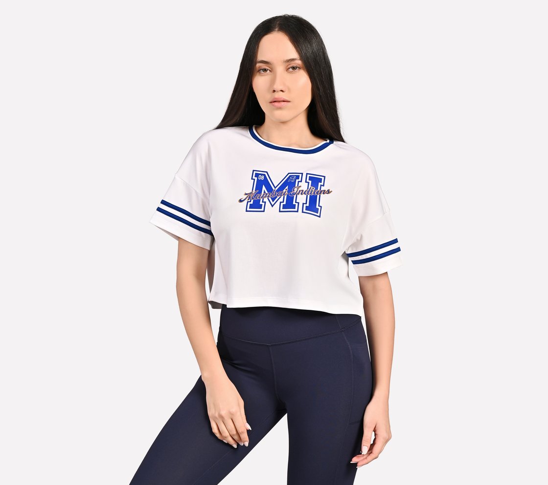 MUMBAI INDIANS: MESH CROP TOP, WHITE Apparel Lateral View
