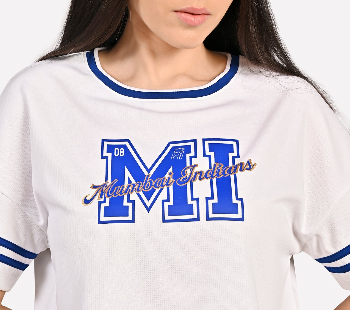 MUMBAI INDIANS: MESH CROP TOP, WHITE Apparel Right View