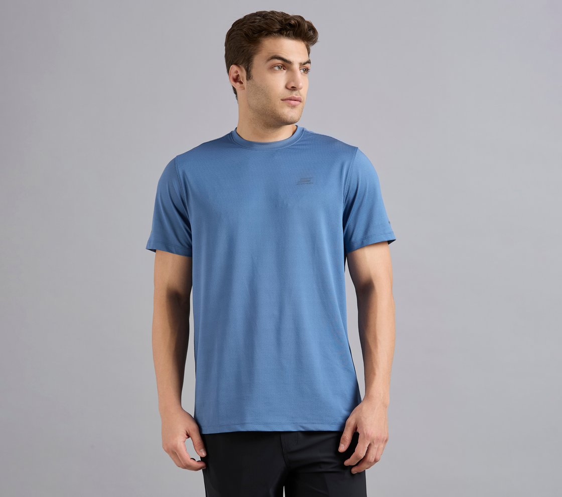 SKECHERS BACK LOGO TEE, TAUPE/BLUE Apparel Lateral View