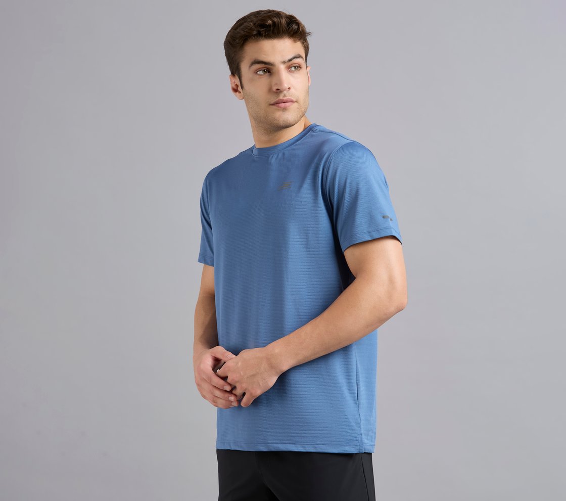 SKECHERS BACK LOGO TEE, TAUPE/BLUE Apparel Top View