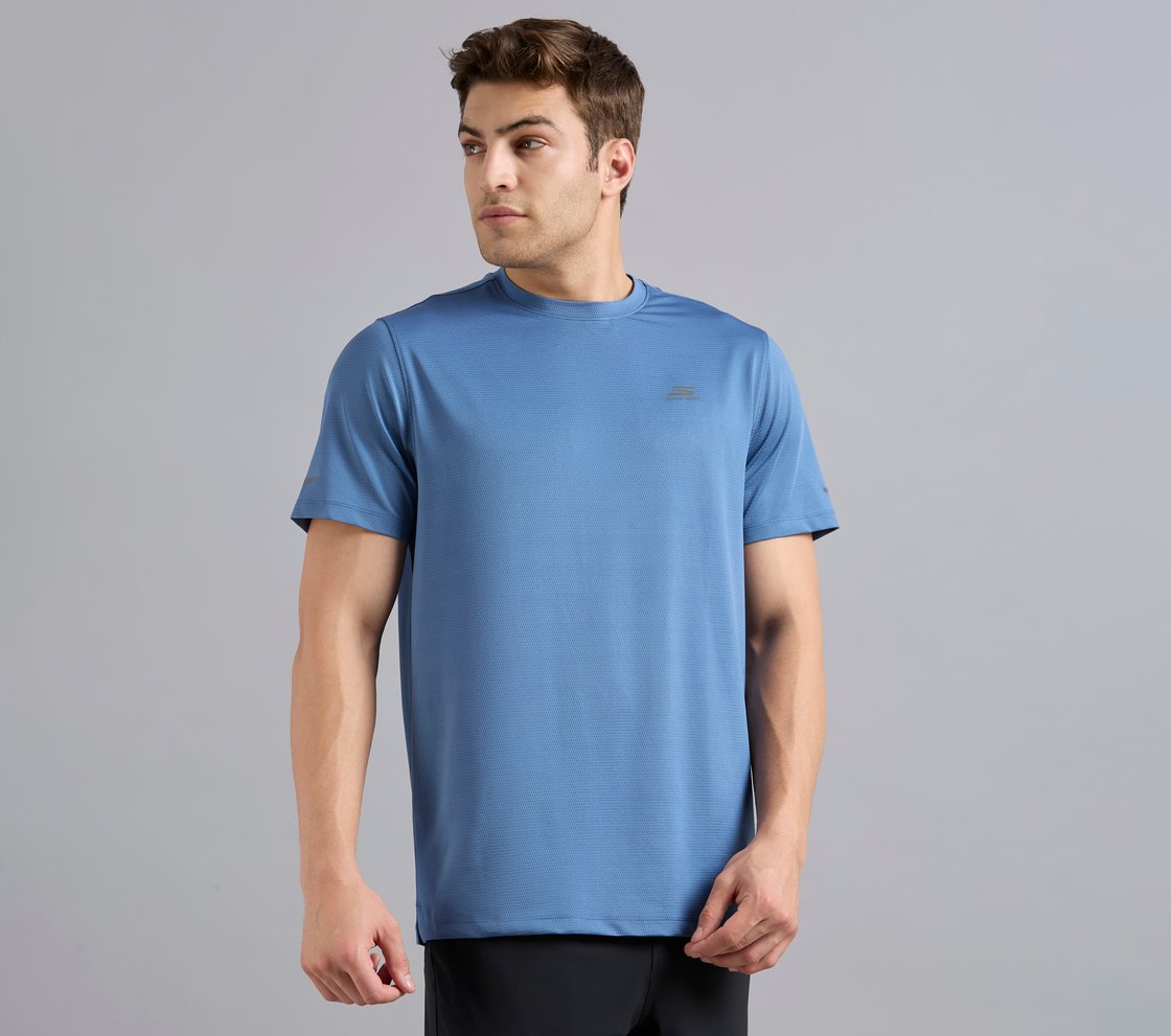 SKECHERS BACK LOGO TEE, TAUPE/BLUE Apparel Bottom View
