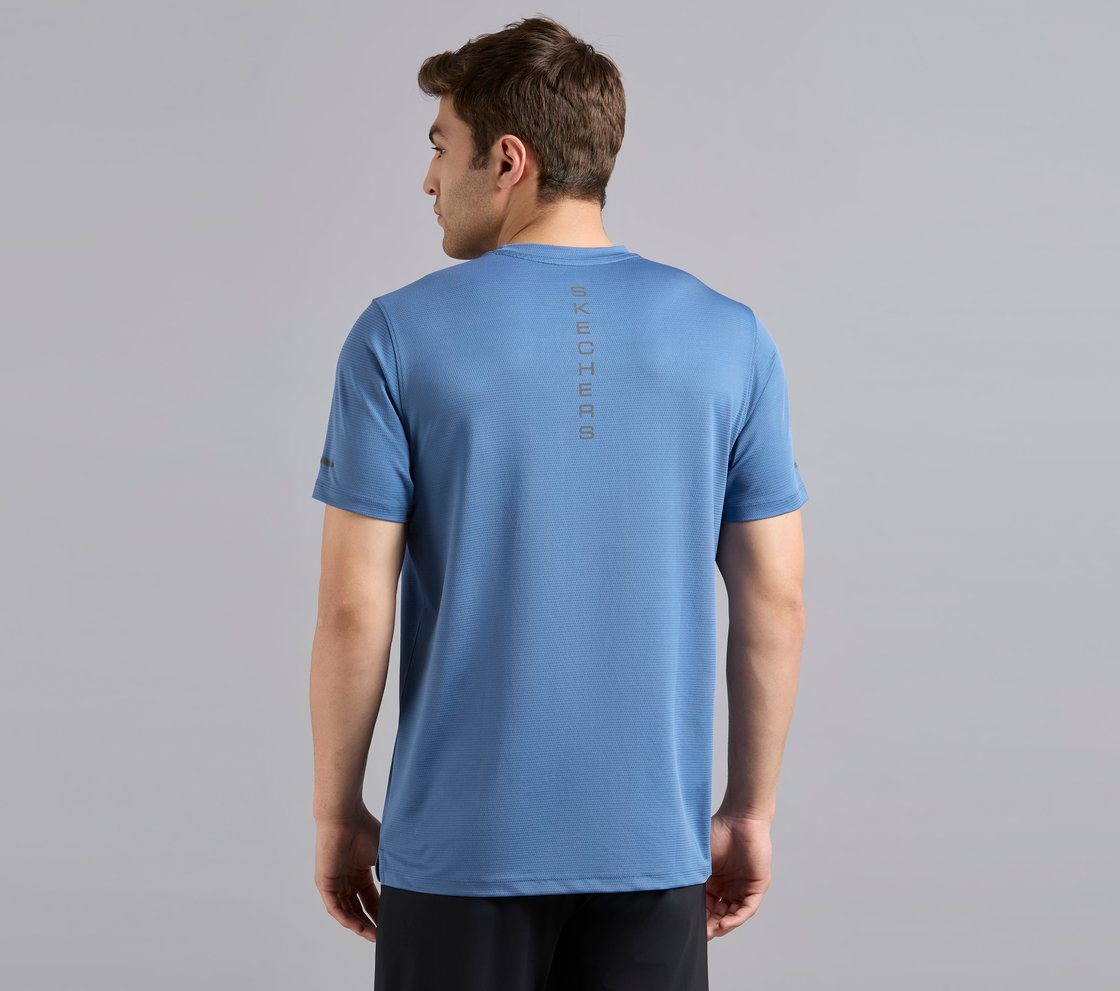 SKECHERS BACK LOGO TEE, TAUPE/BLUE Apparel Left View