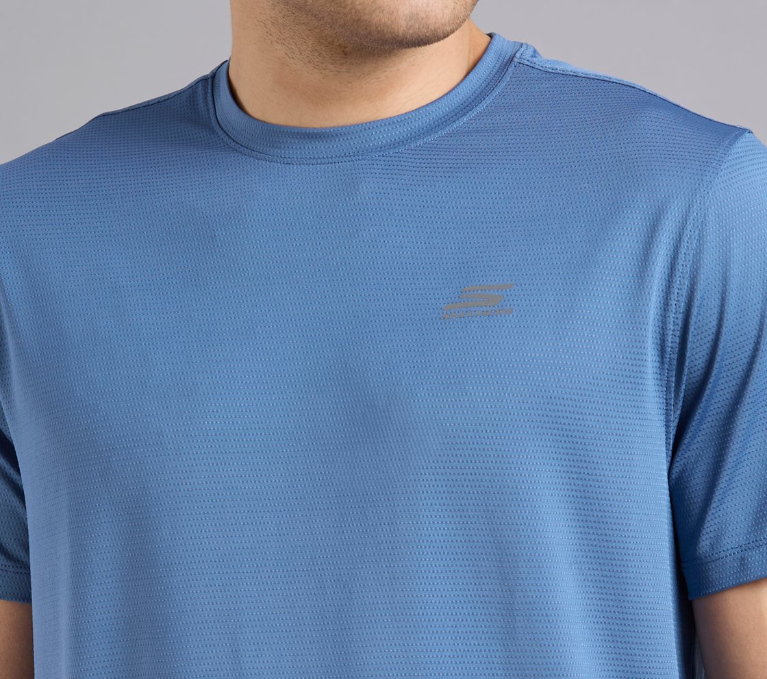 SKECHERS BACK LOGO TEE, TAUPE/BLUE Apparel Right View
