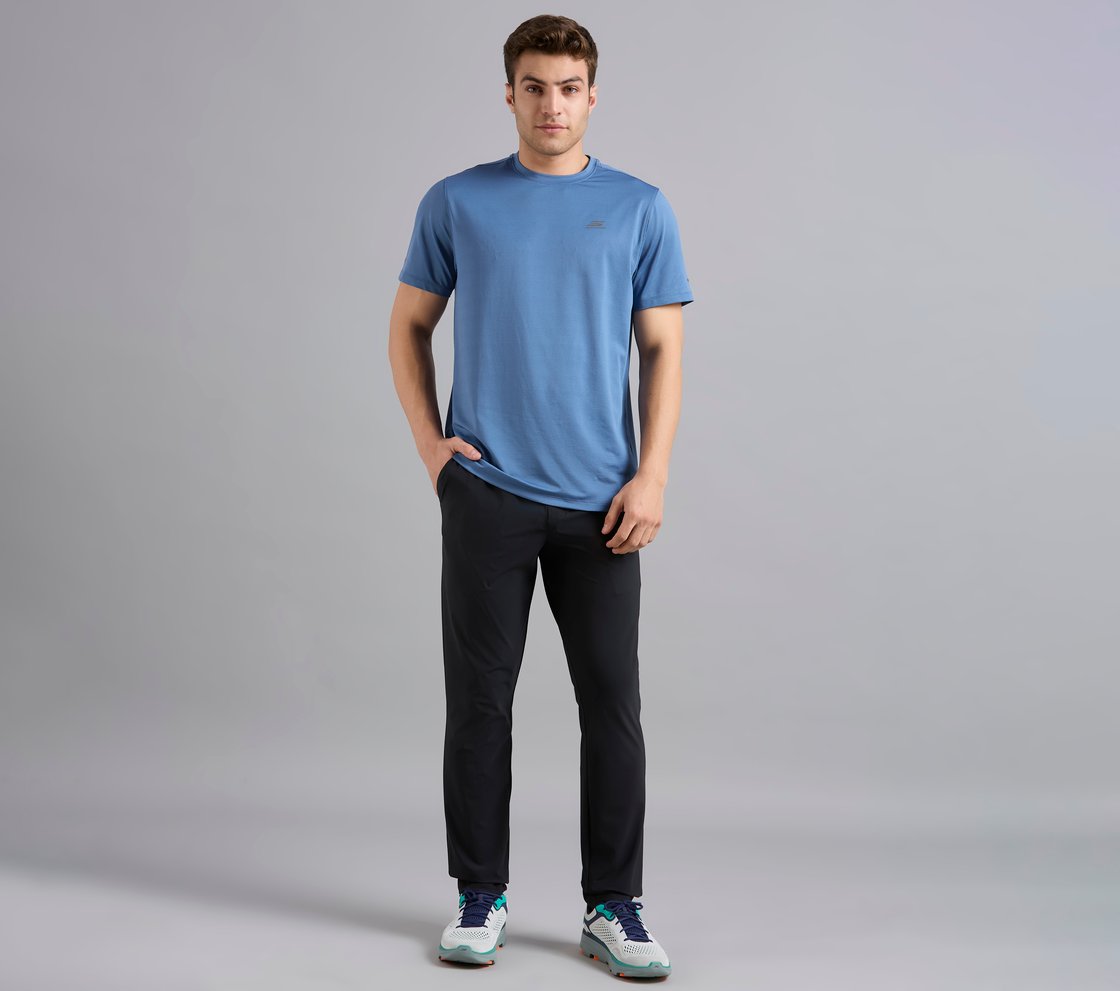 SKECHERS BACK LOGO TEE, TAUPE/BLUE Apparel Right View