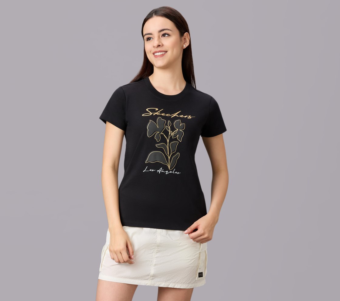 FLORAL FOIL PRINT TEE, BLACK Apparel Lateral View