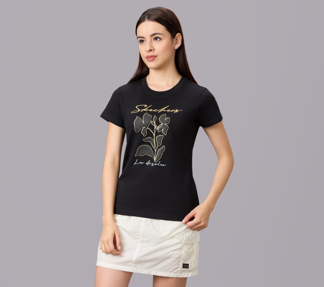 FLORAL FOIL PRINT TEE, BLACK