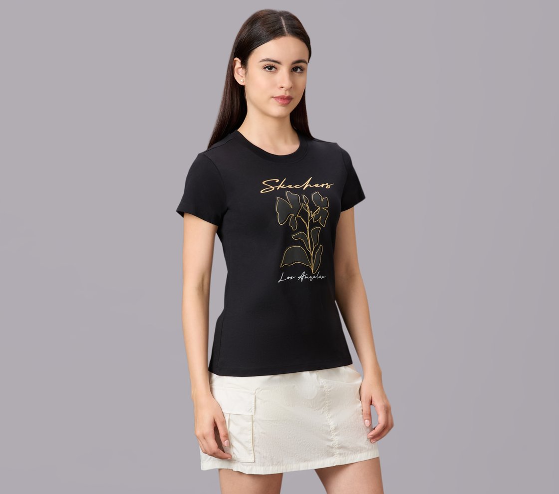 FLORAL FOIL PRINT TEE, BLACK