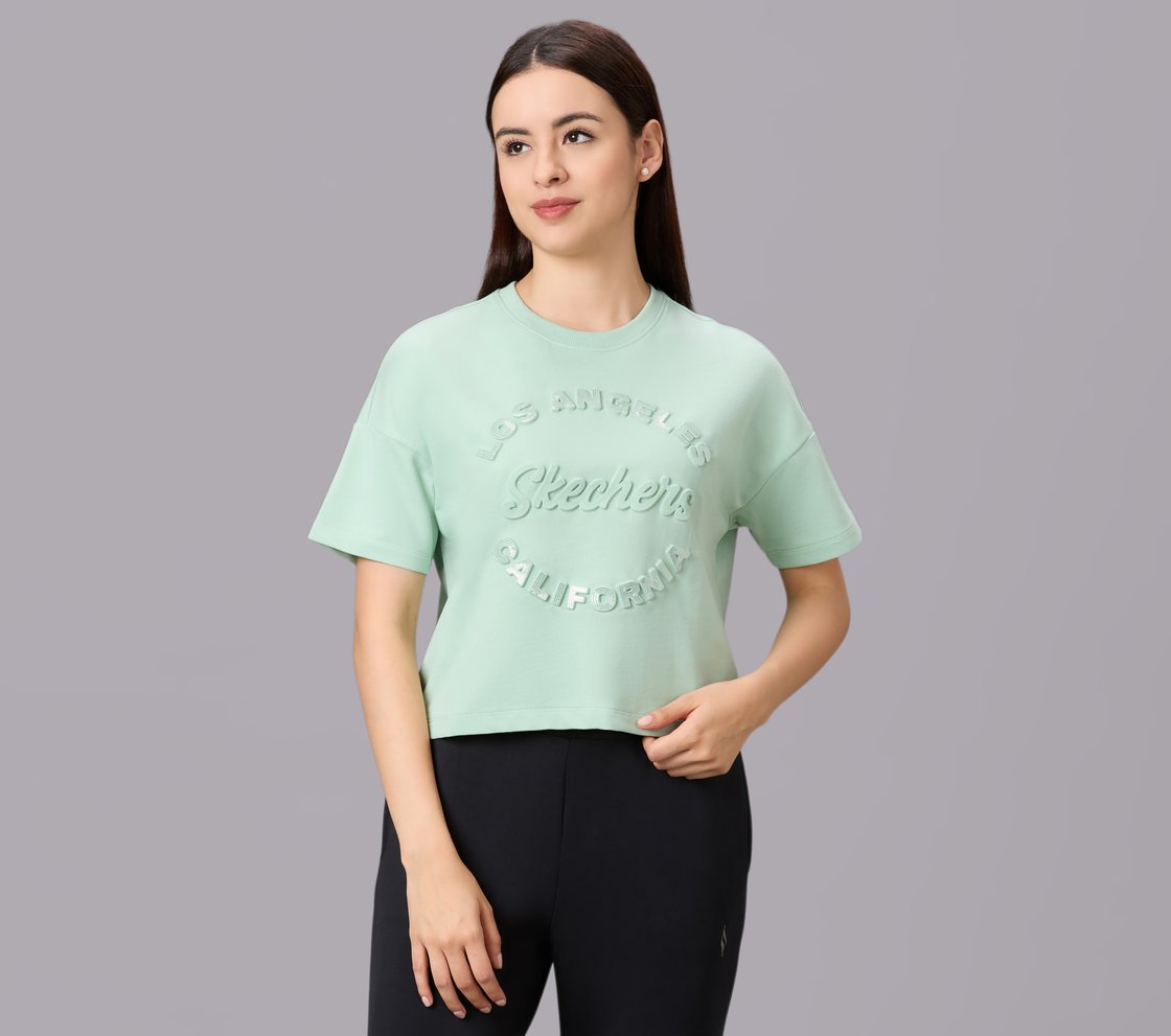 EMBOSSED RHINESTONE TEE, WHITE/GOLD Apparel Lateral View