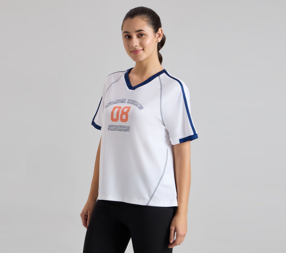 MUMBAI INDIANS V- NECK OVERSIZED TEE, WHITE Apparel Top View
