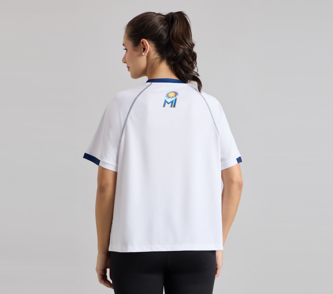 MUMBAI INDIANS V- NECK OVERSIZED TEE, WHITE Apparel Left View