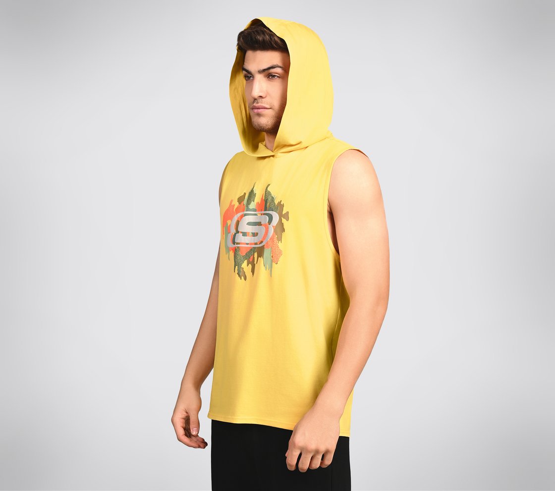 OASIS CAMO HOODIE TANK, RED/YELLOW Apparel Top View