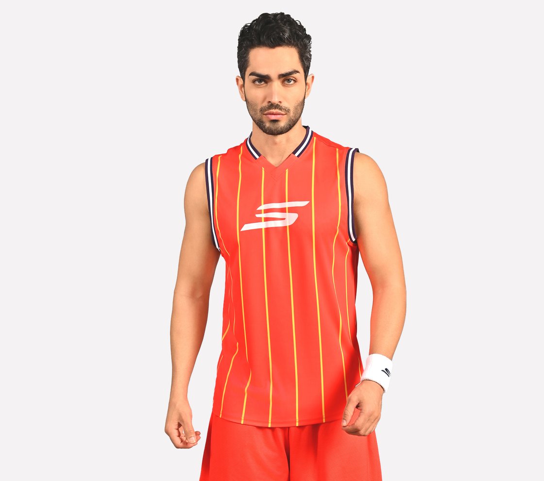 BASKETBALL V NECK TANK, WHITE/BLACK/ORANGE